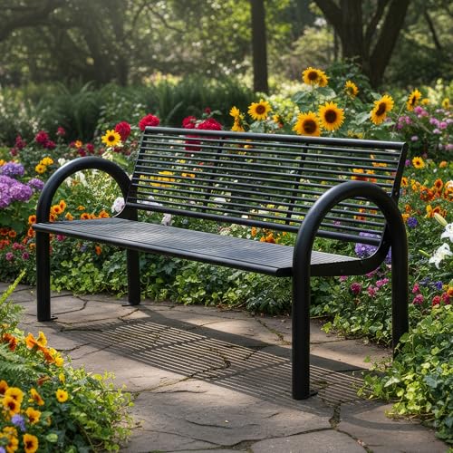 MATERIUM® Gartenbank Metall Schwarz - extra stabile Bank aus Metall mit 150 cm Sitzbreite, wetterfest & widerstandsfähig - hochwertige Sitzbank aus Stahl mit edler Pulverbeschichtung (Schwarz Matt) von MATERIUM