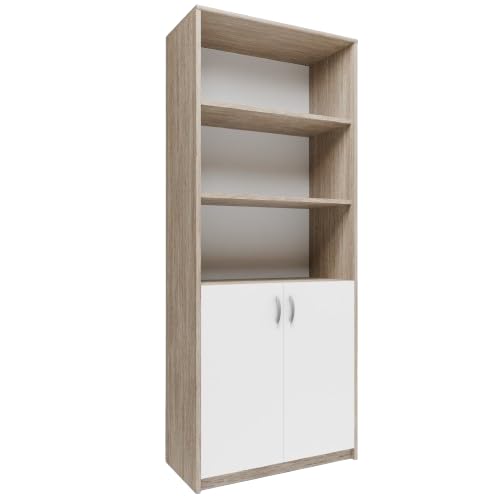 MATKAM Bücherregal R7, B/H/T 74x180x35cm, 4-Fach Regal mit Türen, ideal für Büro, Diele Wohnzimmer, Jugend- oder Kinderzimmer (Sonoma Eiche-Weiß) von MATKAM