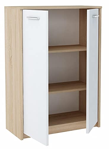 MATKAM Bürokommode 2D2P 2-türig, H/B/T 108 x 77 x 35 cm, mit zwei Innenregalen (Abstand 31,7 cm, passend für einen Standard-Ordner), Griffe in Metall-Optik. Scharniere aus Metall (Sonoma Eiche – weiß) von MATKAM