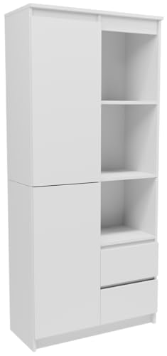 MATKAM Büroregal R1180BIA, H180 x B80 x T35 cm, mit 6 Fächern, 2 Schubladen und 1 Tür Ideal für Ihr Büro oder Zuhause (Weiß) von MATKAM