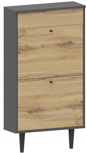 MATKAM Dotti 521 Schuhschrank in moderner Skandi-Optik| Ausklappbare Schuhablage, zusätzlicher Stauraum mit Einer Klapptür | Mit Zwei verjüngenden Beinen, Wandmontage (Anthrazit Grau-Wotan Eiche) von MATKAM