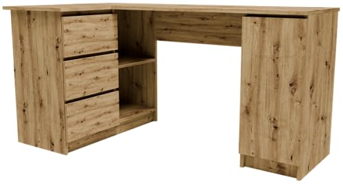 MATKAM Eckschreibtisch B2LEWART, H77 x B155 x T85 cm, mit Schubladen und Regalen, einfache Montage, ideal für Büros und Zuhause (Artisan Eiche) von MATKAM