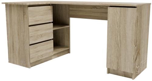 MATKAM Eckschreibtisch B2LEWSON H77 x B155 x T85 cm, mit Schubladen und Regalen, einfache Montage, ideal für Büros und Zuhause (Sonoma Eiche) von MATKAM