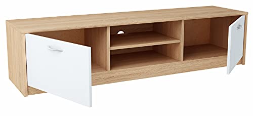 MATKAM Fernsehkommode 2DC H 36 x B 160 x T 41 cm, TV Lowboard, TV Unterteil, Fernsehtisch, laminierte Möbelplatte 16 mm (Sonoma Eiche – Front in weiß) von MATKAM