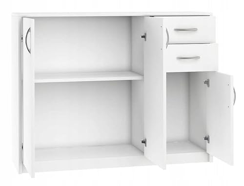 MATKAM Kommode 3D2S, B110 x H85 x T35 cm, Sideboard mit 2 Schubladen und 2 Fächer mit Türen, ideal für Büro, Diele, Wohnzimmer, Jugend- oder Kinderzimmer (Weiß) von MATKAM