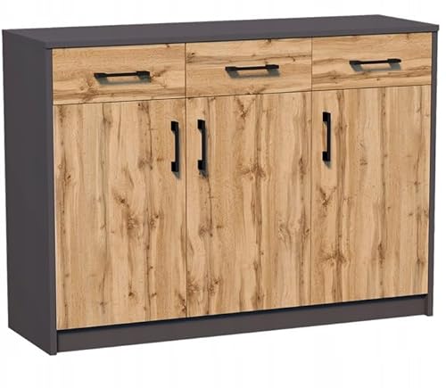 MATKAM Kommode 3D3S B110 x H85 x T35 cm Sideboard mit 3 Schubladen und 3 Türen (Anthrazit Grau-Wotan Eiche) von MATKAM