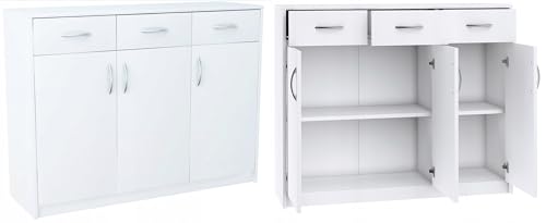 MATKAM Kommode 3D3S B110 x H85 x T35 cm Sideboard mit 3 Schubladen und 3 Türen (Weiß) von MATKAM