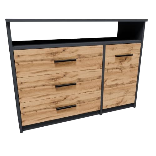 MATKAM Kommode Bodo 1D3SO, H75 x B98 x T35 cm, mit 3 Schubladen, einem Ablagefach und einem Türschrank, Griffe in Metall-Optik, Schubladen-Führungsschienen aus Metall (Anthrazit Grau-Wotan Eiche) von MATKAM