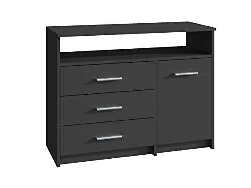 MATKAM Kommode Bodo 1D3SO, H75 x B98 x T35 cm, mit 3 Schubladen, einem Ablagefach und einem Türschrank, Griffe in Metall-Optik, Schubladen-Führungsschienen aus Metall (Schwarz) von MATKAM