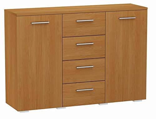 MATKAM Kommode Helena B120 x H84,5 x T35 cm, Sideboard mit 4 Schubladen und 2 Fächer mit Türen, ideal für Büro, Diele, Wohnzimmer, Jugend- oder Kinderzimmer (Erle) von MATKAM