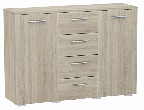 MATKAM Kommode Helena B120 x H84,5 x T35 cm, Sideboard mit 4 Schubladen und 2 Fächer mit Türen, ideal für Büro, Diele, Wohnzimmer, Jugend- oder Kinderzimmer (Sonoma Eiche) von MATKAM