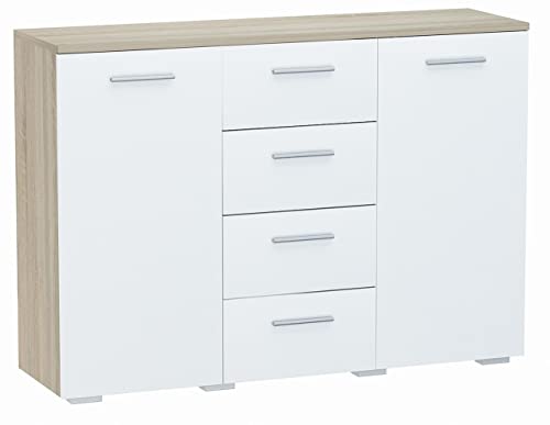 MATKAM Kommode Helena B120 x H84,5 x T35 cm, Sideboard mit 4 Schubladen und 2 Fächer mit Türen, ideal für Büro, Diele, Wohnzimmer, Jugend- oder Kinderzimmer (Sonoma Eiche – Front in weiß) von MATKAM