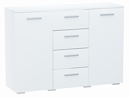 MATKAM Schlafzimmer Kommode mit Schubladen und Türen - Sideboard Wohnzimmer H:84xB:120xT:35 cm - Komode mit 5 Schubladen und 2 Türen - Komodenschrank für Schlafzimmer - Weiß von MATKAM