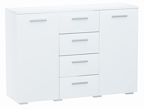 MATKAM Kommode Helena B120 x H84,5 x T35 cm, Sideboard mit 4 Schubladen und 2 Fächer mit Türen, ideal für Büro, Diele, Wohnzimmer, Jugend- oder Kinderzimmer (Weiß) von MATKAM