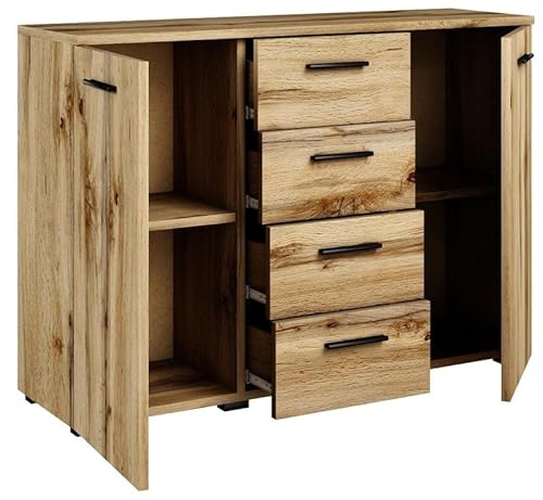 MATKAM Kommode Helena B120 x H84,5 x T35 cm, Sideboard mit 4 Schubladen und 2 Fächer mit Türen, ideal für Büro, Diele, Wohnzimmer, Jugend- oder Kinderzimmer (Wotan Eiche) von MATKAM