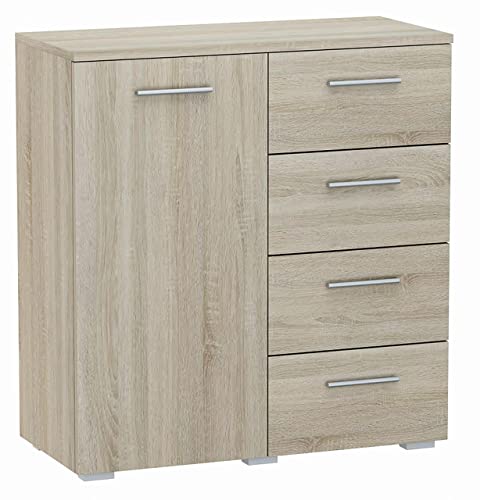 MATKAM Kommode Helena B80 x H84,5 x T35 cm, Sideboard mit 4 Schubladen und 1 Fächer mit Türen, ideal für Büro, Diele, Wohnzimmer, Jugend- oder Kinderzimmer (Sonoma Eiche) von MATKAM