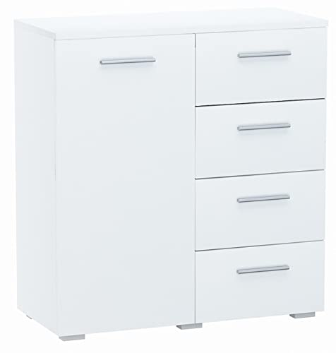 MATKAM Kommode Helena B80 x H84,5 x T35 cm, Sideboard mit 4 Schubladen und 1 Fächer mit Türen, ideal für Büro, Diele, Wohnzimmer, Jugend- oder Kinderzimmer (Weiß) von MATKAM