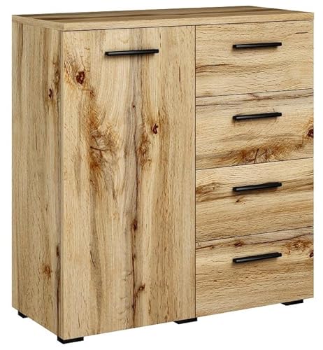 MATKAM Kommode Helena B80 x H84,5 x T35 cm, Sideboard mit 4 Schubladen und 1 Fächer mit Türen, ideal für Büro, Diele, Wohnzimmer, Jugend- oder Kinderzimmer (Wotan Eiche) von MATKAM