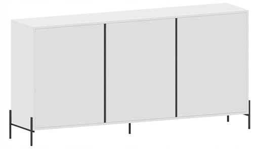 MATKAM Kommode RURK H90 x B180 x T38 cm, Sideboard mit 3 Türen, Metallbeine, Push-up-Öffnung (Weiß) von MATKAM