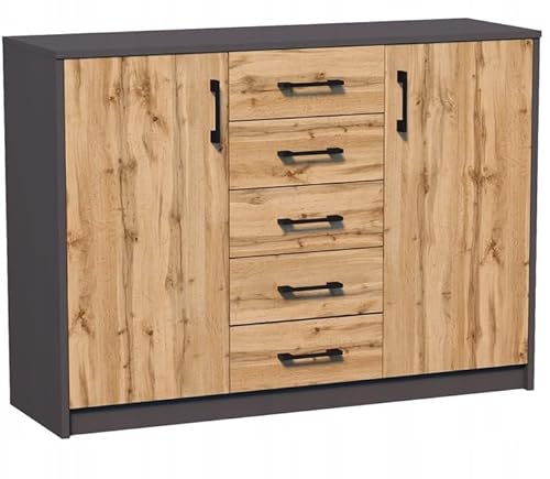 MATKAM Moderne Kommode 2D5S mit 2 Türen und 5 Schubladen - Robuste Aufbewahrungslösung für Schlafzimmer und Wohnbereiche (Anthrazit Grau-Wotan Eiche) von MATKAM