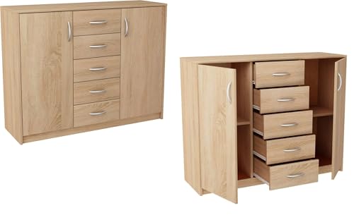MATKAM Moderne Kommode 2D5S mit 2 Türen und 5 Schubladen - Robuste Aufbewahrungslösung für Schlafzimmer und Wohnbereiche (Sonoma Eiche) von MATKAM