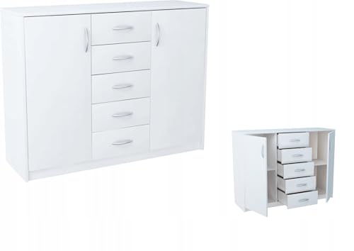 MATKAM Moderne Kommode 2D5S mit 2 Türen und 5 Schubladen - Robuste Aufbewahrungslösung für Schlafzimmer und Wohnbereiche (Weiß) von MATKAM