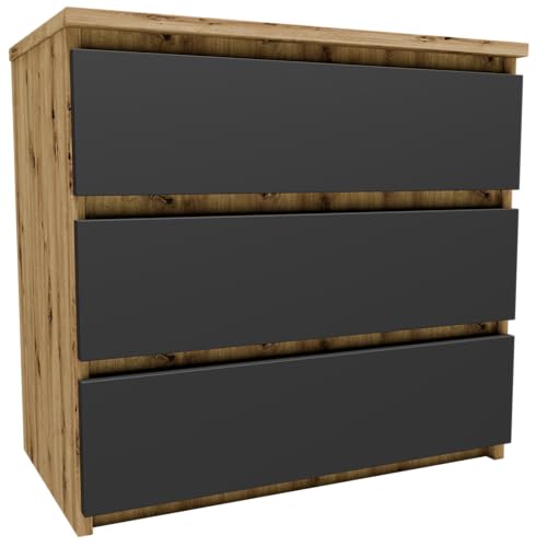 MATKAM Nachttisch CL360AGR, H57 x B60 x T35 cm, mit 3 Schubladen, Perfekt für Moderne Interieurs, robust und hochwertig (Artisan Eiche-Graphit) von MATKAM