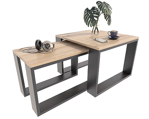 MATKAM Satztisch 2er Set, Couchtisch im Industrie-Stil, hoher Beistelltisch B60 x T60 x H43,3 cm, niedriger Beistelltisch B39 x T39 x H40,8 cm, einfache Montage (Artisan Eiche) von MATKAM