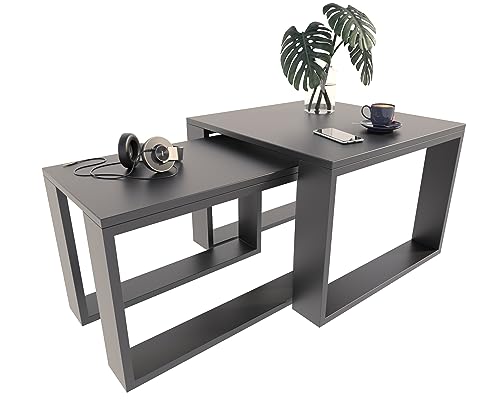 MATKAM Satztisch 2er Set, Couchtisch im Industrie-Stil, hoher Beistelltisch B60 x T60 x H43,3 cm, niedriger Beistelltisch B39 x T39 x H40,8 cm, einfache Montage (Schwarz) von MATKAM