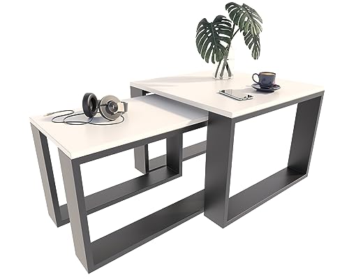 MATKAM Satztisch 2er Set, Couchtisch im Industrie-Stil, hoher Beistelltisch B60 x T60 x H43,3 cm, niedriger Beistelltisch B39 x T39 x H40,8 cm, einfache Montage (Weiß) von MATKAM