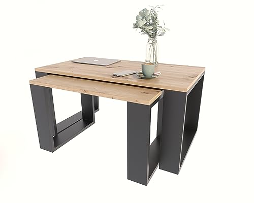 MATKAM Satztisch 2er Set WESTA, Couchtisch im Industrie-Stil, hoher Beistelltisch B100 x T50 x H47,8 cm, niedriger Beistelltisch B78 x T39 x H45,3 cm, einfache Montage (Artisan Eiche) von MATKAM