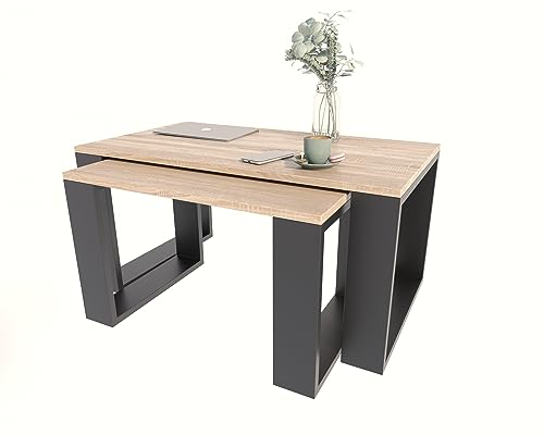 MATKAM Satztisch 2er Set WESTA, Couchtisch im Industrie-Stil, hoher Beistelltisch B100 x T50 x H47,8 cm, niedriger Beistelltisch B78 x T39 x H45,3 cm, einfache Montage (Sonoma Eiche) von MATKAM