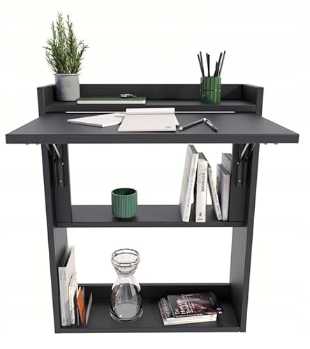 MATKAM Schreibtisch, H85 x B70 x T20 cm, Multifunktionales Wandregal aus hochwertigem Laminat, ideal für kleine Räume (Schwarz) von MATKAM