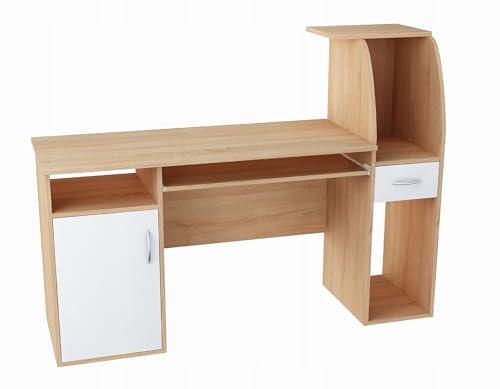 MATKAM Schreibtisch B3, H 112x B 150 x T 50 cm, ausziehbare Ablage für Tastatur, mit Schublade und Tür (Sonoma Eiche-Weiß) von MATKAM
