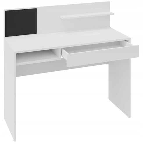 MATKAM Schreibtisch Magnet H 103 (H 76 Tischplatte) x B 110 x T 50 cm, laminierte Möbelplatte, Schublade, Ablagefach, eine Schutzwand mit kleinem Ablageregal (Weiß) von MATKAM