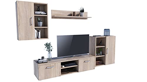 MATKAM Wohnwand Dedal, Schrankwand Wohnzimmer Modern, Wohnzimmerschrank mit Fernsehtisch Komplett Möbel (Sonoma Eiche) von MATKAM