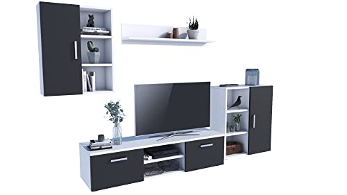 MATKAM Wohnwand Dedal, Schrankwand Wohnzimmer Modern, Wohnzimmerschrank mit Fernsehtisch Komplett Möbel (Weiß-Schwarz) von MATKAM