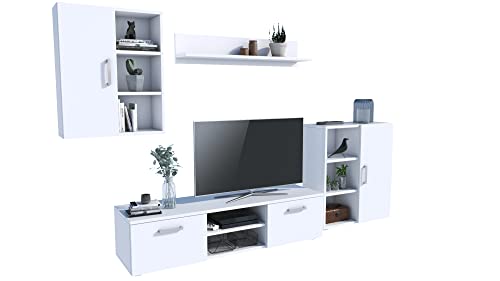 MATKAM Wohnwand Dedal, Schrankwand Wohnzimmer Modern, Wohnzimmerschrank mit Fernsehtisch Komplett Möbel (Weiß) von MATKAM