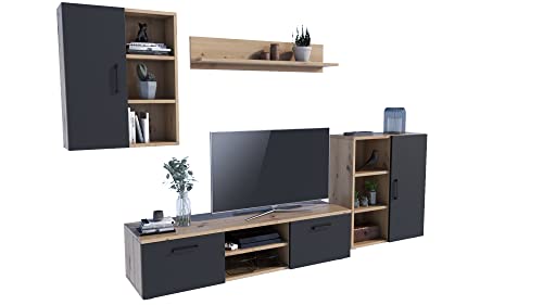 MATKAM Wohnwand Dedal, Schrankwand Wohnzimmer Modern, Wohnzimmerschrank mit Fernsehtisch Komplett Möbel (Artisan Eiche-Schwarz) von MATKAM