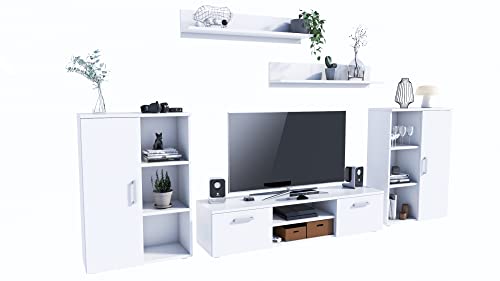 MATKAM Wohnwand Herkules II, Schrankwand Wohnzimmer Modern, Wohnzimmerschrank mit Fernsehtisch, Sideboard und Wandregal Wohnzimmer Komplett Möbel (White) von MATKAM