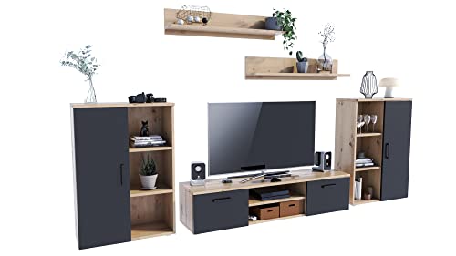 MATKAM Wohnzimmermöbel-Set Herkules, 5-teilig, 1 x TV-Kommode H35 x B150 x T40 cm, 2 x Wohnzimmerkommode H100 x B80 x T30cm, 2 x Hängeregale H20 x B100 x T20 cm (Artisan Eiche-Schwarz) von MATKAM