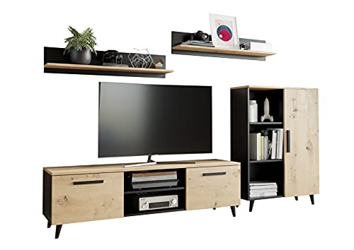 MATKAM Wohnzimmermöbel-Set Oslo, 4-teilig, 1 x TV-Kommode H47x B150 x T40 cm, 1 x Wohnzimmerkommode H112 x B80 x T30cm, 2 x Hängeregale H20 x B100 x T20 cm (Artisan Eiche-Schwarz) von MATKAM