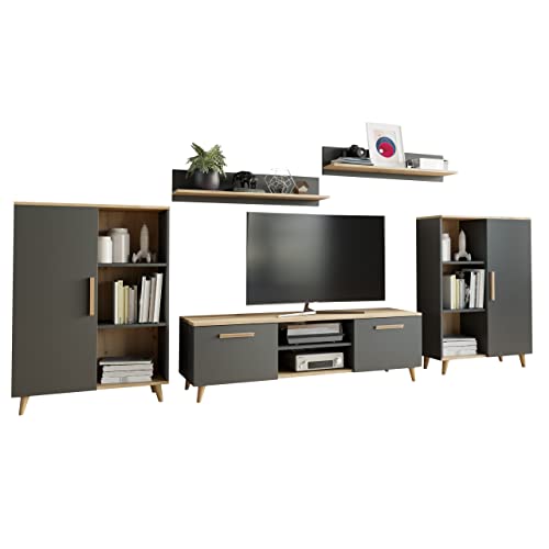 MATKAM Wohnzimmermöbel-Set Oslo 2, 4-teilig, 1 x TV-Kommode H47x B150 x T40 cm, 2 x Wohnzimmerkommode H112 x B80 x T30cm, 2 x Hängeregale H20 x B100 x T20 cm (Anthrazit-Artisan Eiche) von MATKAM