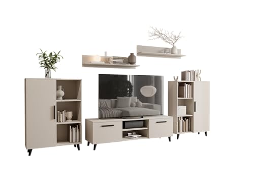 MATKAM Wohnzimmermöbel-Set Oslo 2, 4-teilig, 1 x TV-Kommode H47x B150 x T40 cm, 2 x Wohnzimmerkommode H112 x B80 x T30cm, 2 x Hängeregale H20 x B100 x T20 cm (Kaschmir) von MATKAM