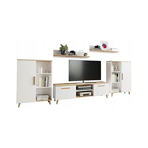 MATKAM Wohnzimmermöbel-Set Oslo 2, 4-teilig, 1 x TV-Kommode H47x B150 x T40 cm, 2 x Wohnzimmerkommode H112 x B80 x T30cm, 2 x Hängeregale H20 x B100 x T20 cm (Weiß-Artisan Eiche) von MATKAM