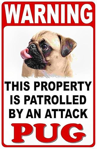 Metallschild mit Aufschrift "Warning Property Patrolled By Attack Pug", Wandkunst, Warnung, Warnung, Blechschilder, Metall, Straße, Hof, Dekoration, 20,3 x 30,5 cm Metallschild mit Aufschrift "Warning Property Patrolled By Attack Pug", Wandkunst, Warnung, Warnung, Blechschilder, Metall, Straße, Hof, Dekoration, 20,3 x 30,5 cm von MATLPATS