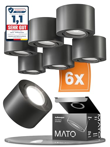 MATO 6x LED Aufbauspot Schwarz - Extra Flach & Schwenkbar - Ø80x50mm - Aufputz Spots Decke Inkl. 5W Modul 230V - 4000K Neutralweiß - Deckenspots, Aufbaustrahler, Deckenstrahler von MATO