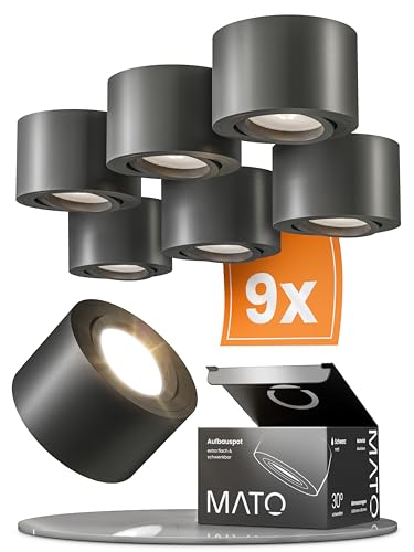 MATO® 9x LED Aufbauspot schwarz - extra flach & schwenkbar - Ø80x50mm - Aufputz Spots Decke inkl. 5W LED Modul 230V - 3000K warmweiß - Deckenspots, Aufbaustrahler, Aufputz Deckenstrahler LED von MATO