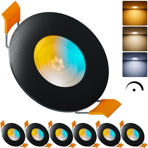 MATO 6x LED Einbaustrahler 230V Dimmbar 5W - Flache Spots 68mm Lochmaß - IP44 Einbauleuchten für das Bad - Deckenspots schwarz Badezimmer & Außen - Einbauspots Lichtfarbe umschaltbar, CRI 90+, 510lm von MATO