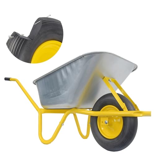Matrix Schubkarre 100l Liter 250 kg pannensichers PU-Rad Schubkarren groß Garten Scheibtruhe Bauschubkarre | Mulde verzinkt | Metall Felge mit Kugellager | Farbe gelb Matrix Schubkarre 100l Liter 250 kg pannensichers PU-Rad Schubkarren groß Garten Scheibtruhe Bauschubkarre | Mulde verzinkt | Metall Felge mit Kugellager | Farbe gelb von MATRIX